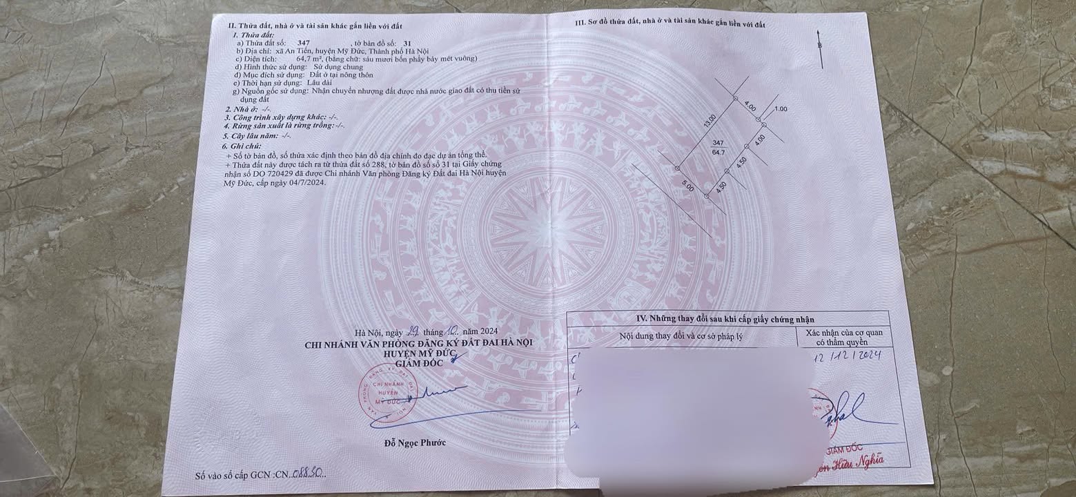 Đất nền Đại Hưng, Mỹ Đức 64.7m² giá chỉ 800 triệu - Sổ đỏ chính chủ, ô tô vào tận nơi!