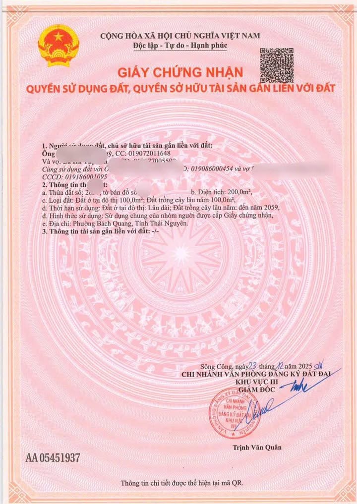 Đất nền 200m² tại phường Bách Quang, Sông Công - Giá chỉ 1 tỷ, vị trí đẹp!