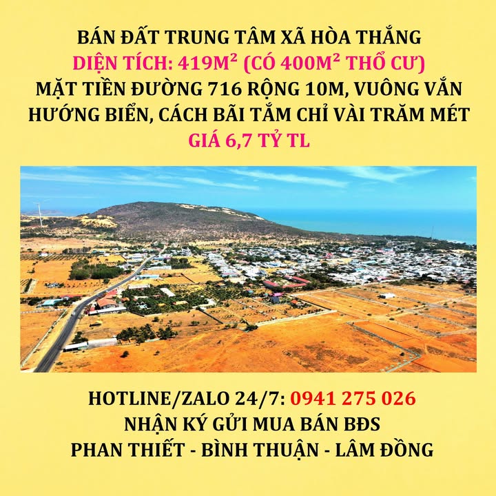 Đất thổ cư 400m² mặt tiền đường 716 Hòa Thắng - Cách biển chỉ vài trăm mét!