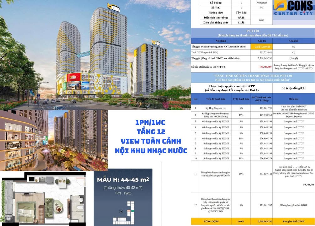 Căn hộ BCONS CENTER CITY Dĩ An 45.8m² giá 554 triệu - Sẵn sàng nhận nhà Quý 4/2027!