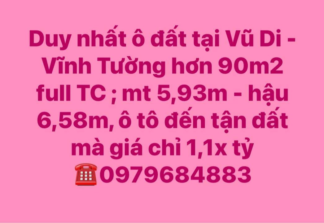 Đất Vũ Di - Vĩnh Tường 90m² giá 1.1x tỷ - Ô tô vào tận đất!