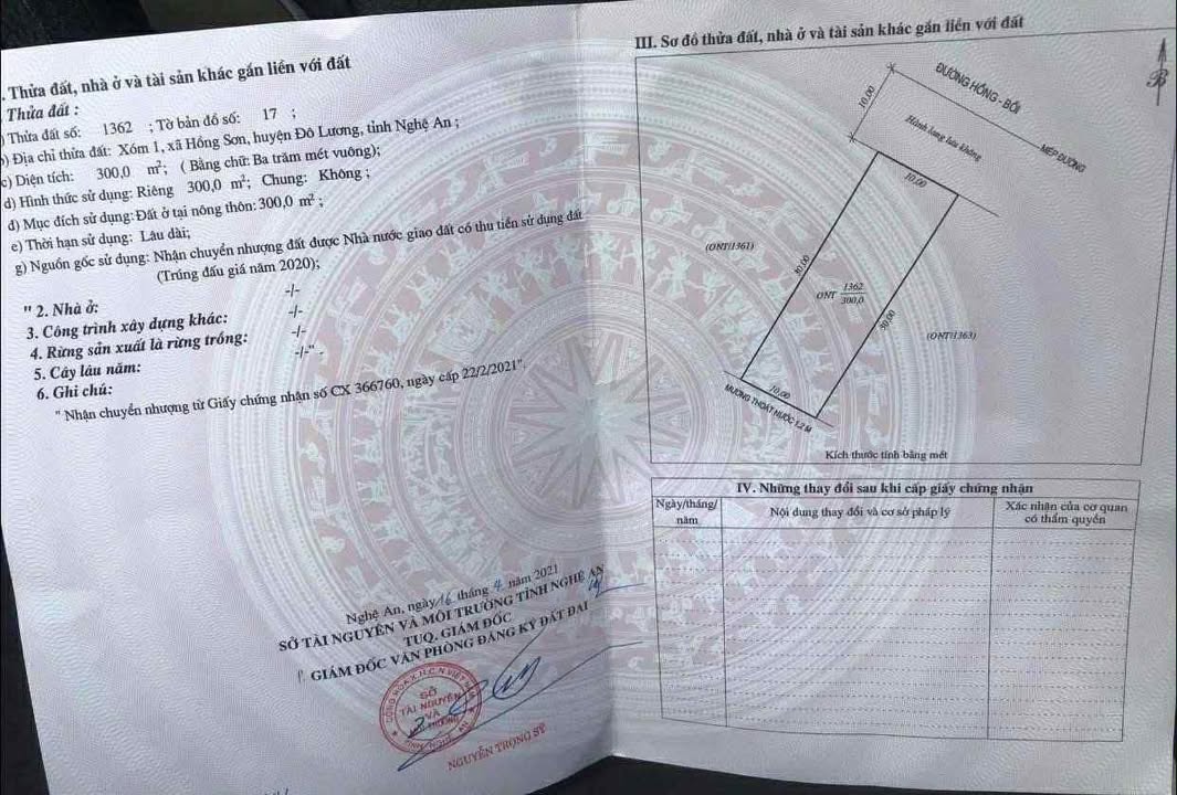 Đất thổ cư 300m² tại Xã Hồng Sơn, Đô Lương - Giá chỉ 1 tỷ