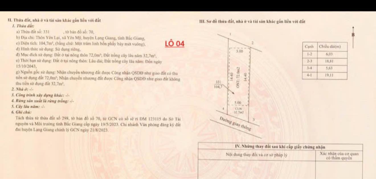 Đất nền Yên Lại, Yên Mỹ, Lạng Giang 104.7m² giá 700 triệu - Đường ô tô vào tận nơi!