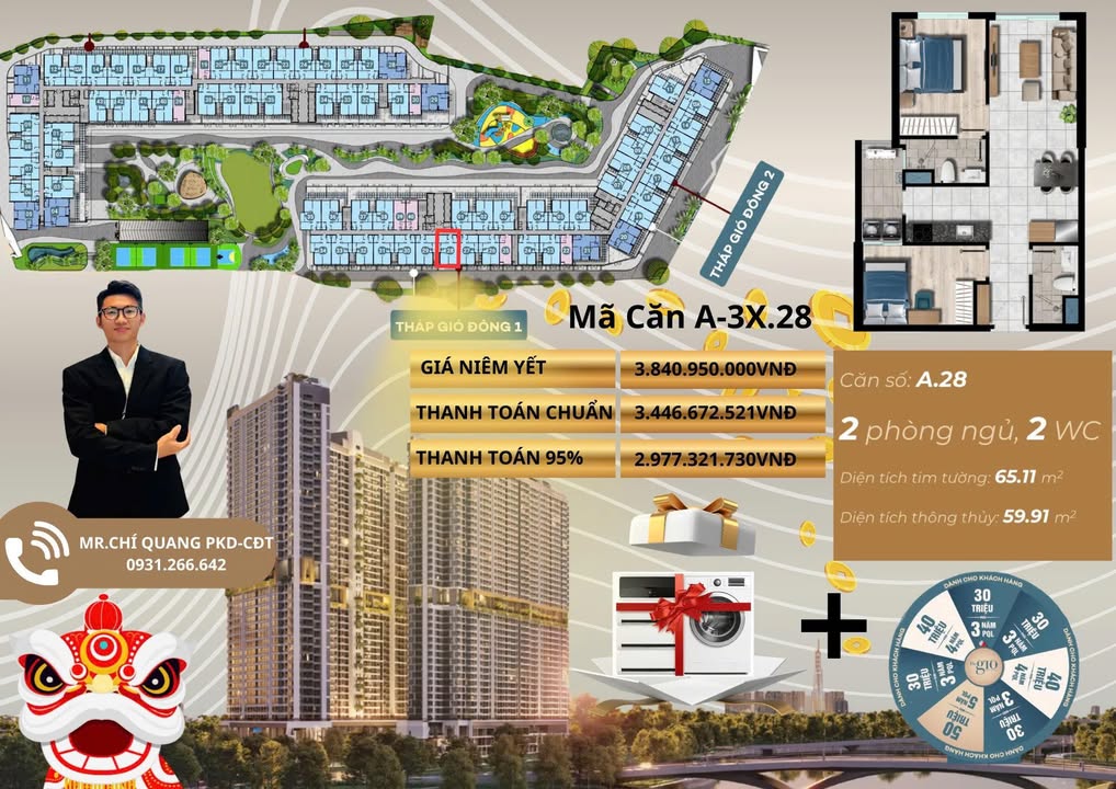 Căn hộ The Gió Riverside Quận 1 65m² giá 3.446 tỷ - Thiết kế vuông vức, dễ cho thuê!