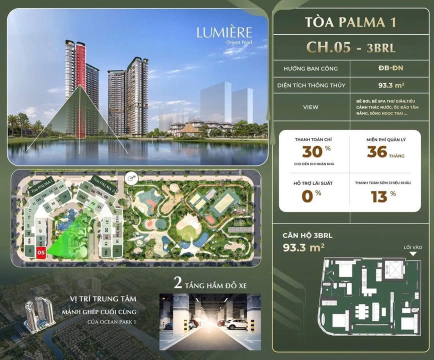 Căn hộ 3PN Lumiere Orient Pearl 103m² giá 9.9 tỷ - View tuyệt đẹp hồ Ngọc Trai!