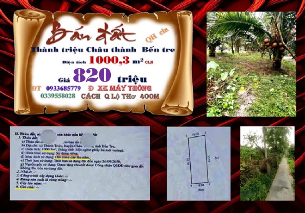 Bán đất 1000m² xã Thành Triệu, huyện Châu Thành, Bến Tre - Giá 820 triệu, thương lượng nhẹ!