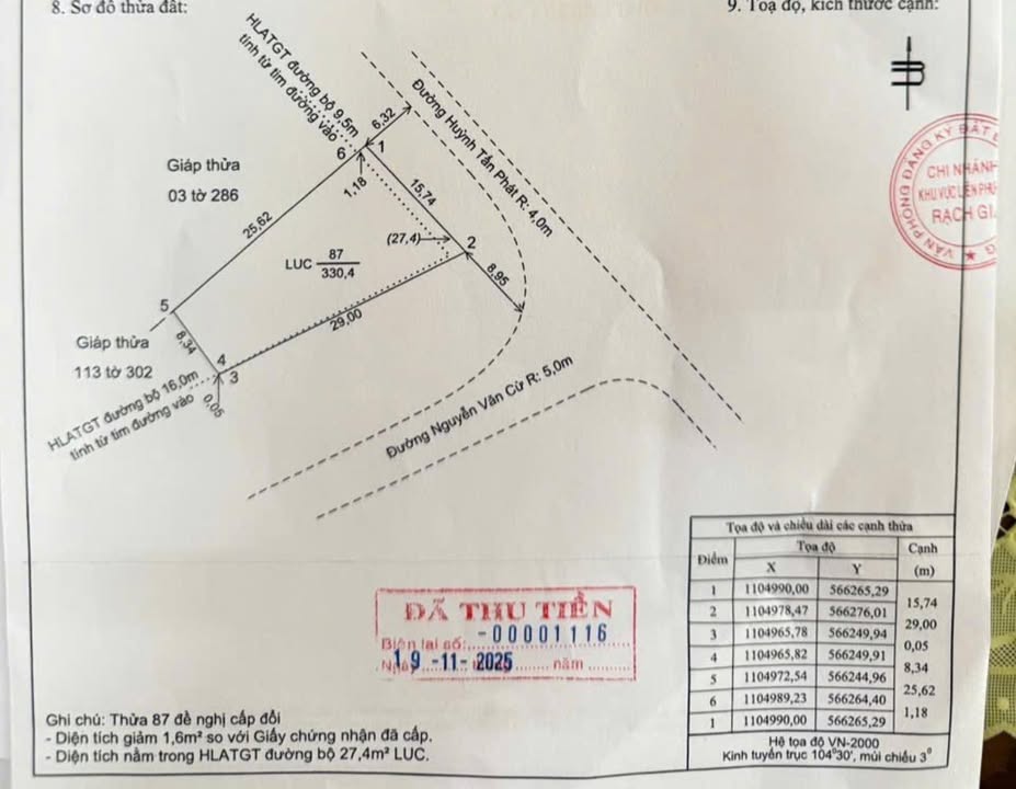 Đất lô góc 2 mặt tiền Nguyễn Văn Cừ, Rạch Giá 330m² giá 4 tỷ - Cơ hội đầu tư hấp dẫn!