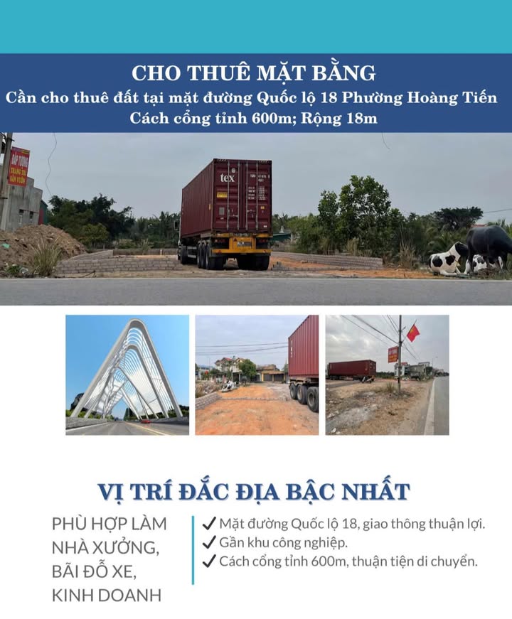 Cho thuê mặt bằng kinh doanh tại Quốc lộ 18, Phường Hoàng Tiến - Diện tích 60m², giá thỏa thuận