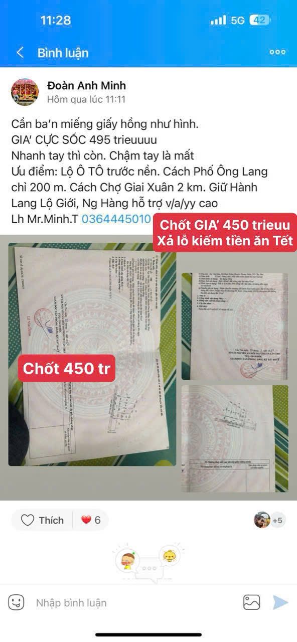 Đất thổ cư 80m² tại Phố Ông Lang, Cần Thơ - Giá chỉ 450 triệu, cơ hội không thể bỏ lỡ!