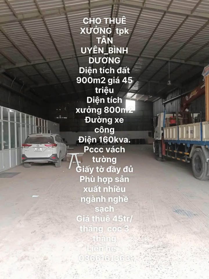 Cho thuê xưởng tại Tỉnh Bình Dương 900m² giá 45 triệu - Phù hợp sản xuất nhiều ngành nghề