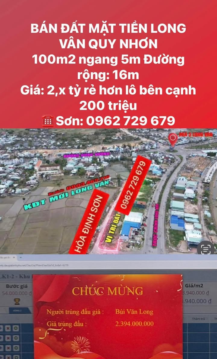 Đất nền Long Vân Quy Nhơn 100m² giá chỉ 2,x tỷ - Cơ hội đầu tư tuyệt vời!