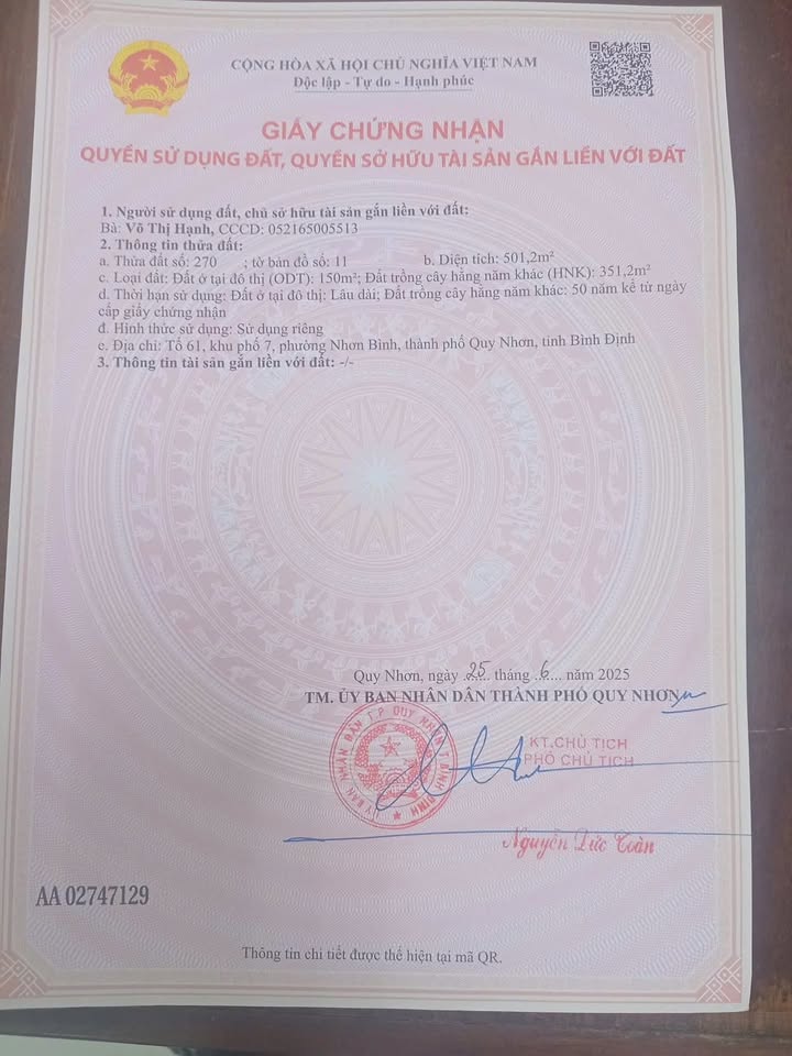 Lô đất 500m² Nhơn Bình giá 3.7 tỷ - Pháp lý rõ ràng, thương lượng!