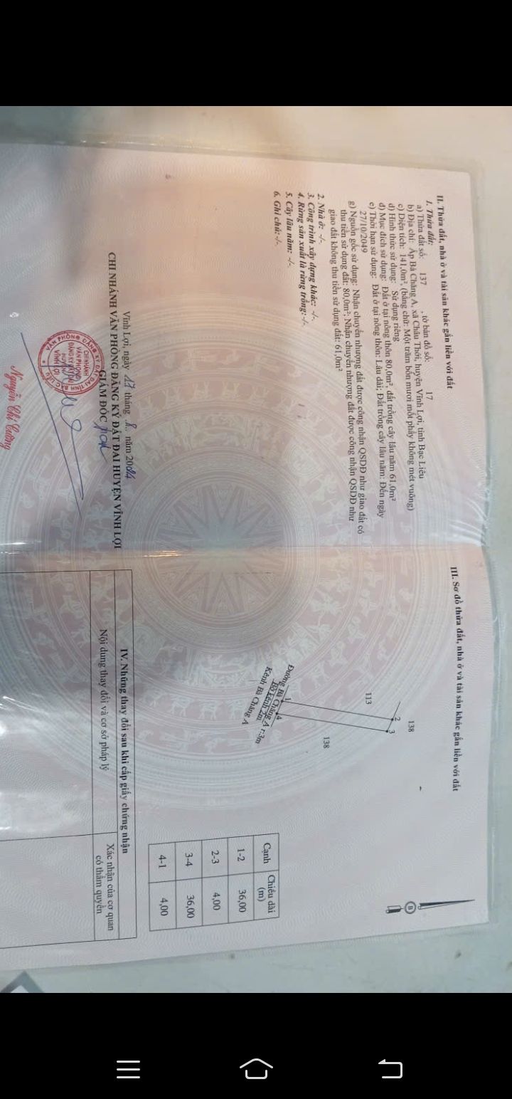 Đất nền ấp Bà Chăng, xã Châu Thới, huyện Vĩnh Lợi 144m² giá 200 triệu - Cơ hội đầu tư tuyệt vời!