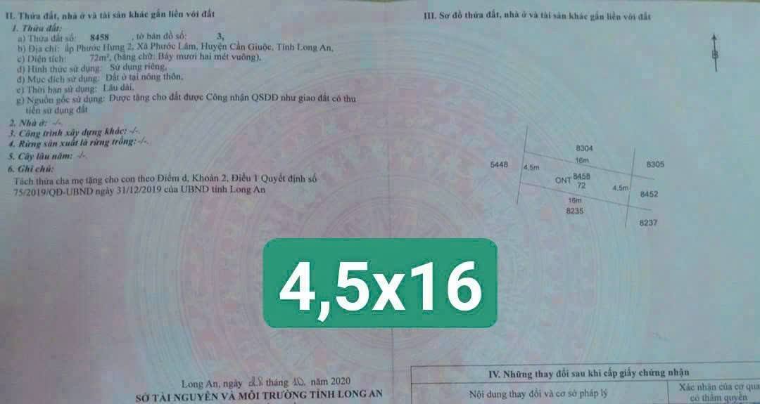 Bán đất thổ cư 72m² tại Phước Hưng 2, Cần Giuộc - Sổ hồng riêng, giá chỉ 560 triệu!