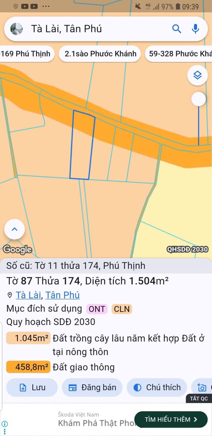 Đất xã Phú Thịnh, huyện Tân Phú 1503m² giá 2.2 tỷ - Sổ hồng chính chủ
