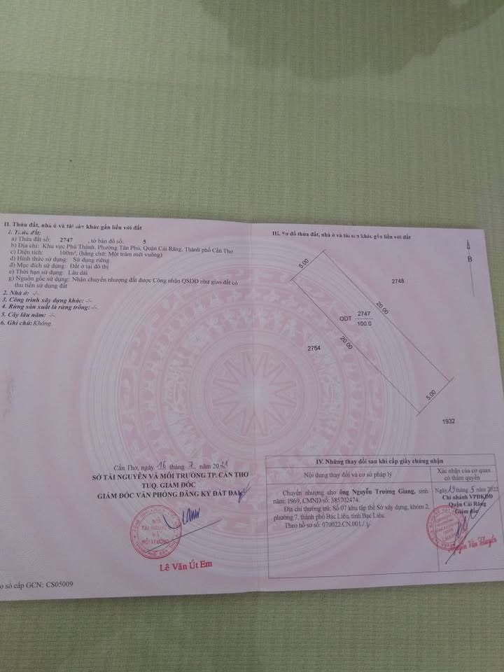 Đất thổ cư 5×20m tại Tân Phú, Cái Răng - Giá chỉ 800 triệu!