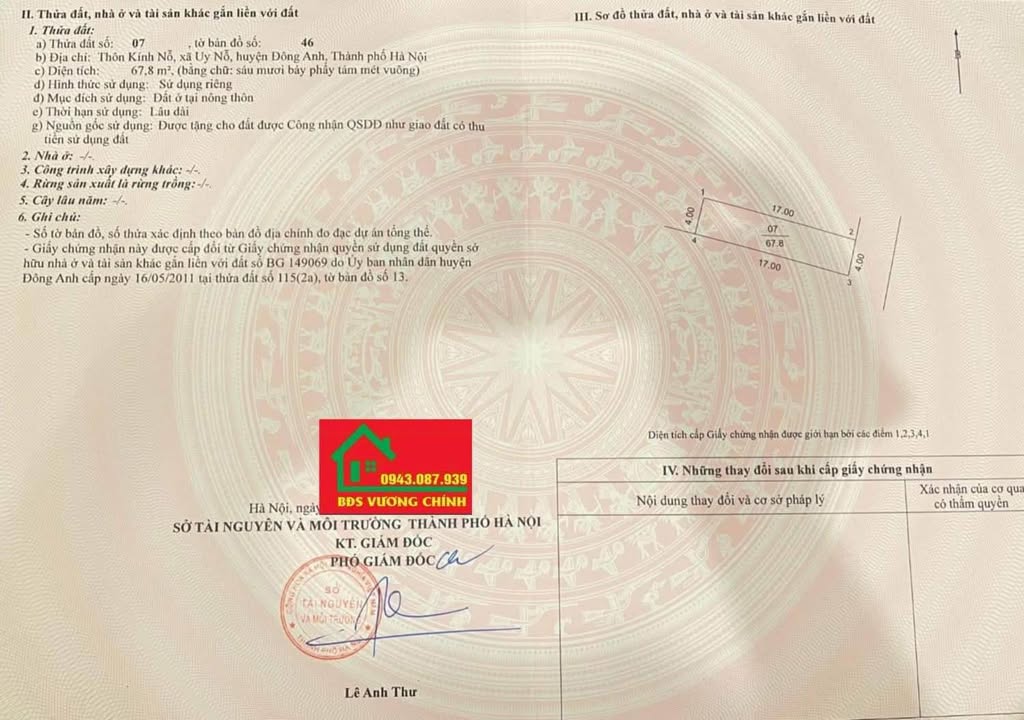 Đất thổ cư Kính Nỗ, Đông Anh 67,8m² - Sổ đỏ chính chủ, giá thỏa thuận!