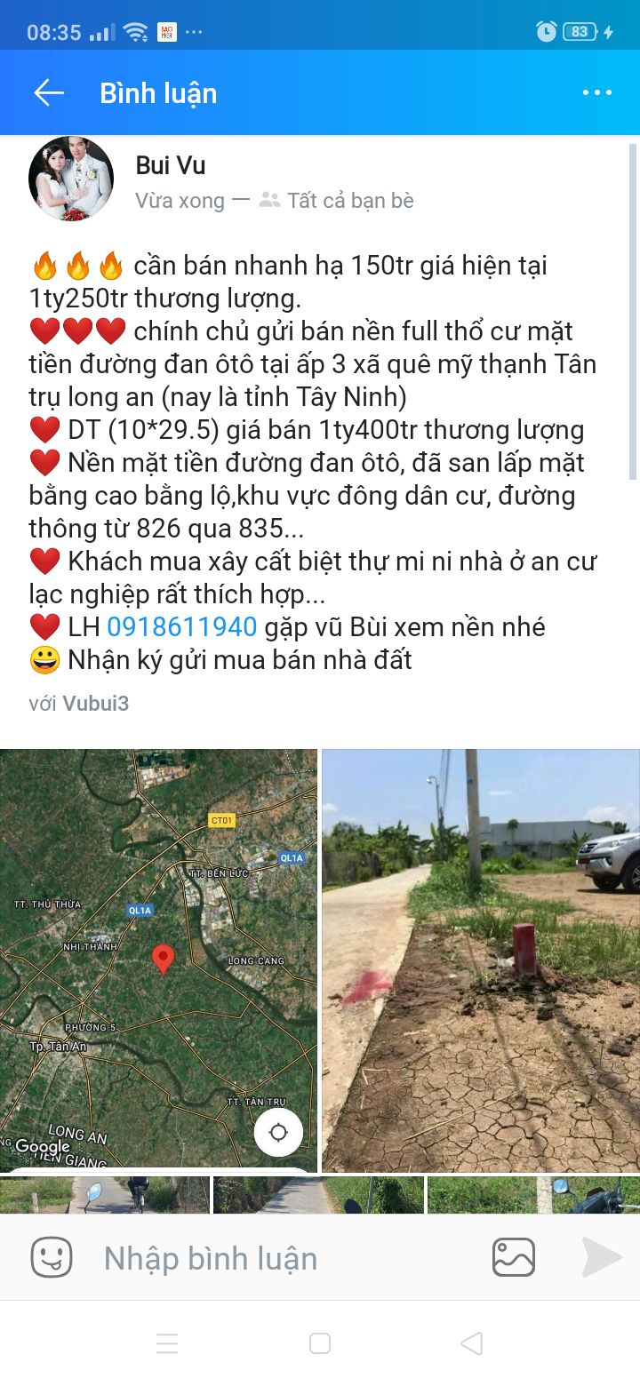 Đất nền mỹ thạnh, Long An 2950m² giá 1.25 tỷ - Chính chủ bán gấp!