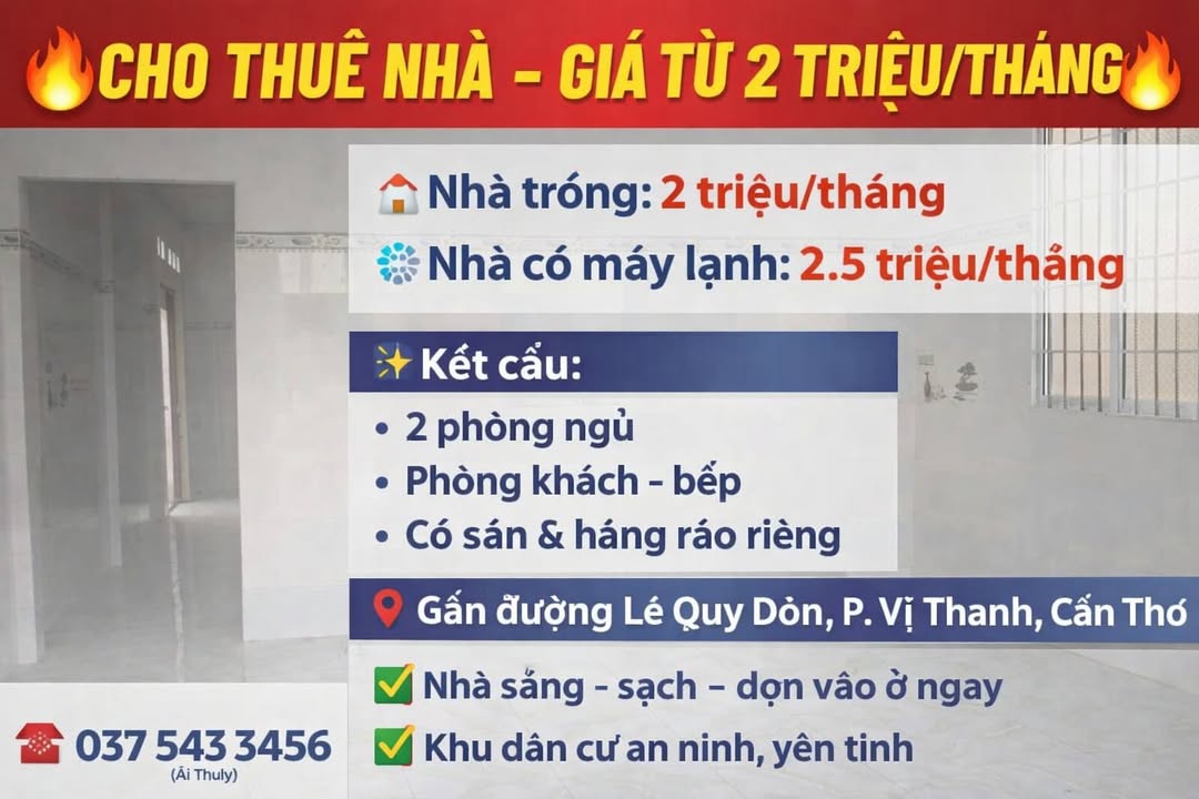 Nhà cho thuê 2 phòng ngủ tại Lê Quý Đôn, Vị Thanh chỉ từ 2 triệu/tháng - Nhà sạch, dọn vào ở ngay!