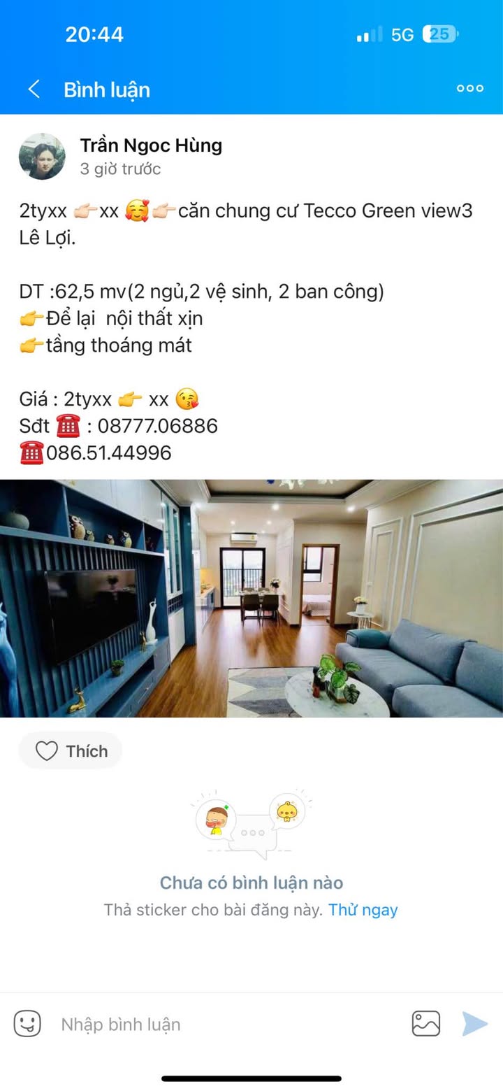 Căn hộ Tecco Green View 3, Lê Lợi 62.5m² giá 2 tỷ - Nội thất xịn, tầng thoáng mát!