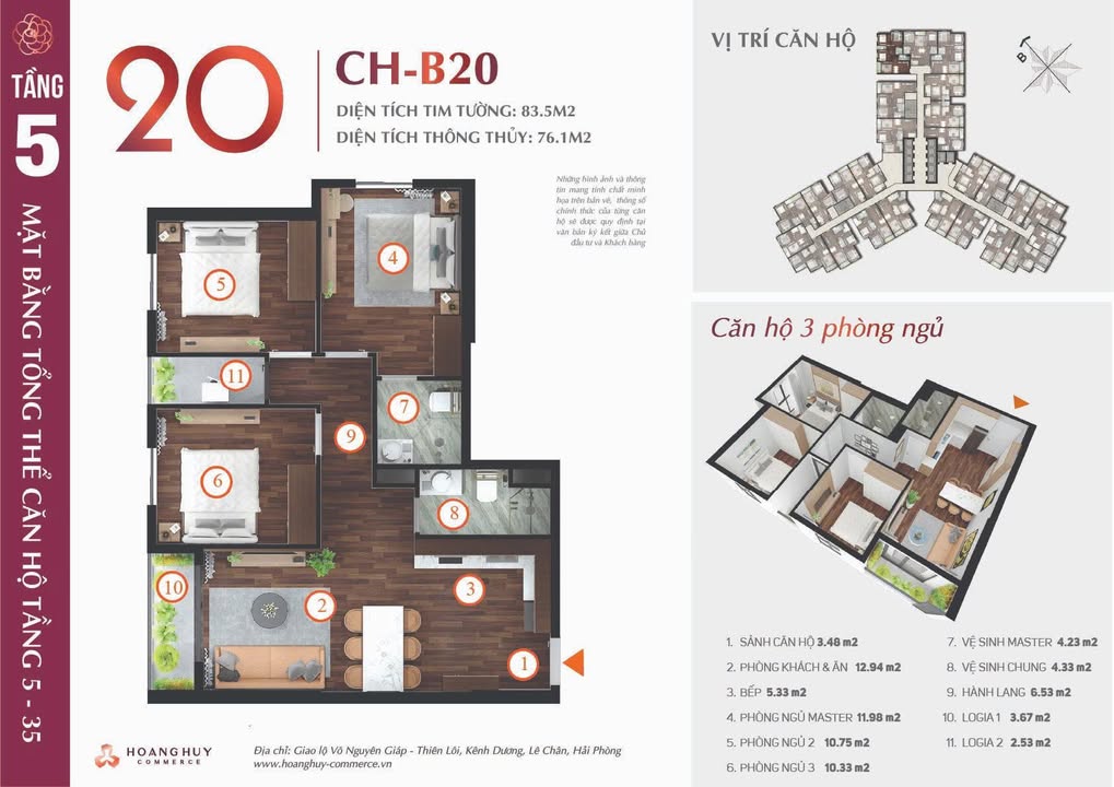 Căn hộ 3PN 2WC Hoàng Huy Commerce 76m² giá 3.4 tỷ - Thiết kế tự do theo gu riêng!