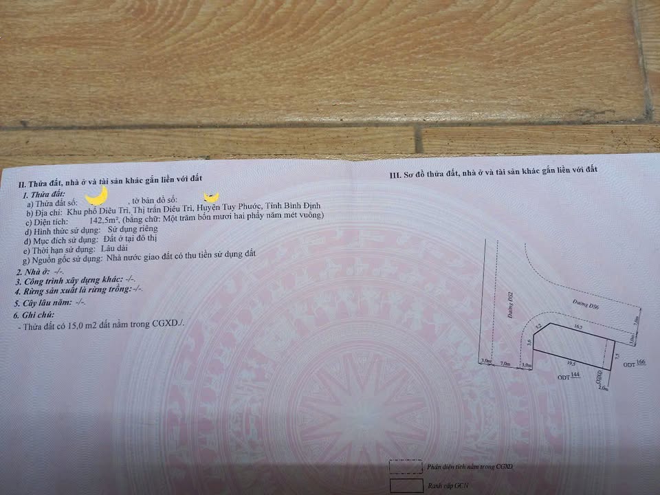 Đất thổ cư 142.5m² tại trung tâm thị trấn Diêu Trì - Giá chỉ 2.2 tỷ!