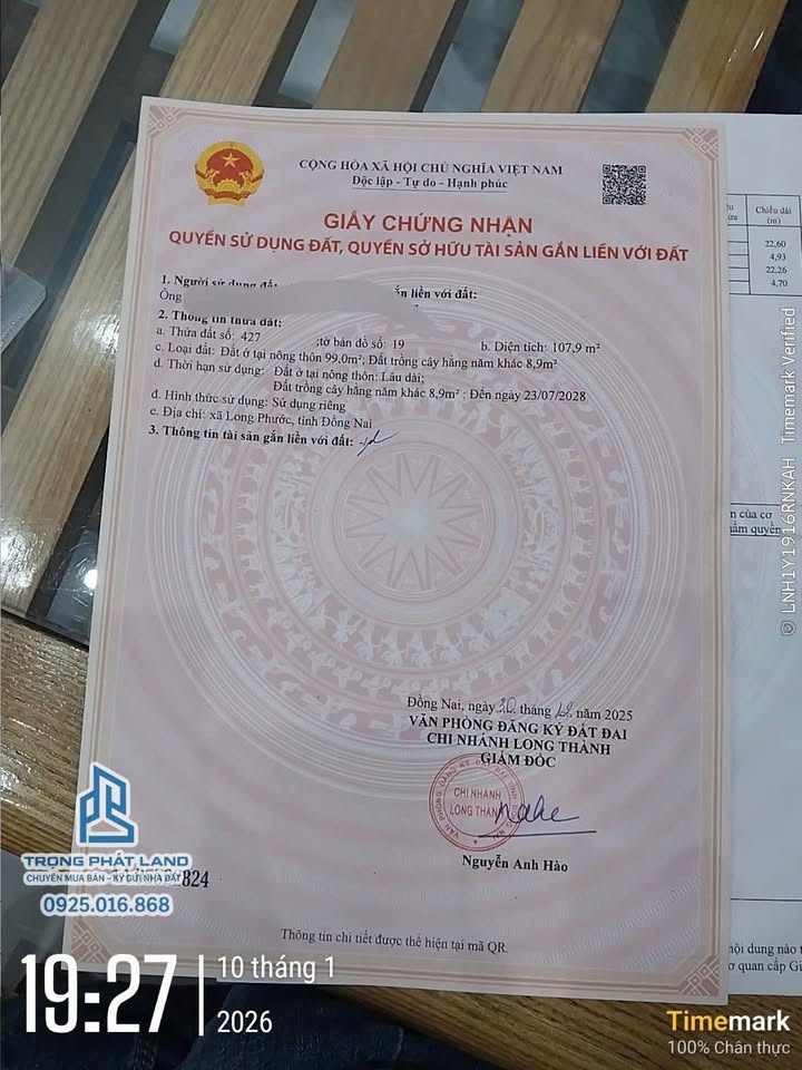 Đất thổ cư ấp Bà Ký, xã Long Phước, 103m² giá 1.3 tỷ - Cơ hội đầu tư tuyệt vời!