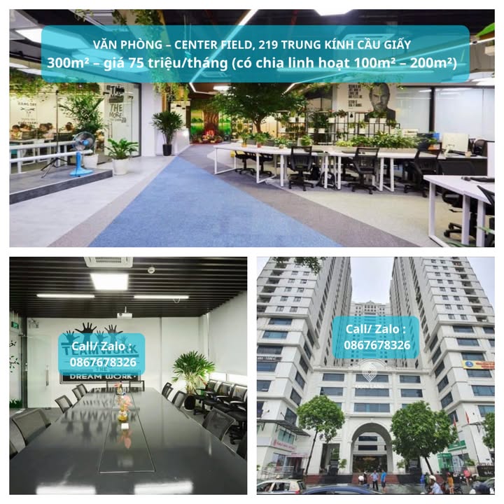 Văn phòng cho thuê tại CENTER FIELD, 219 Trung Kính 300m² giá 75 triệu - Full nội thất hiện đại!
