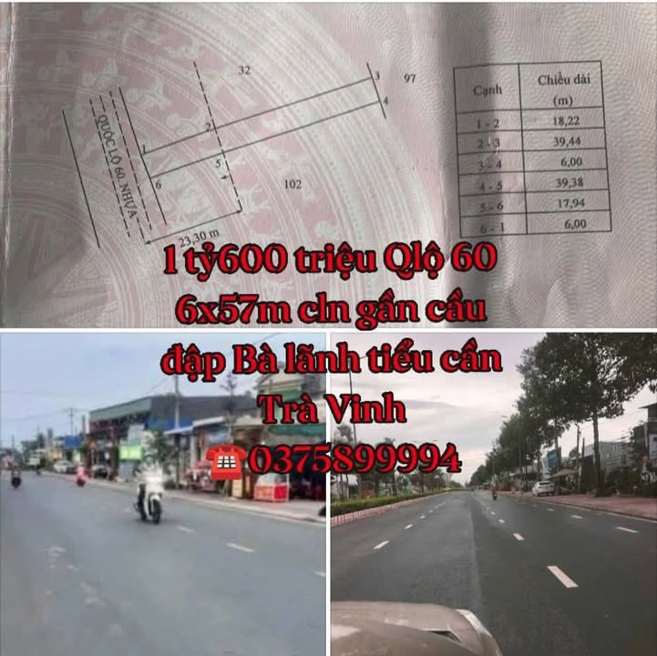 Đất nền mặt tiền QL60 Tiểu Cần 342m² giá 1.6 tỷ - Cơ hội đầu tư tuyệt vời!