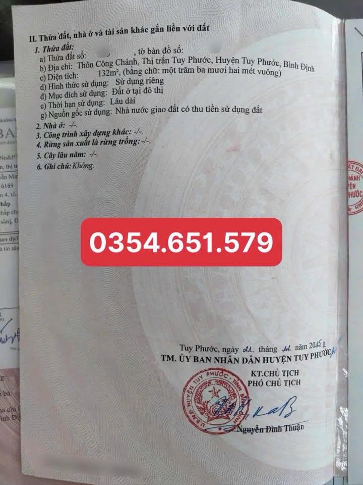 Lô đất góc 132m² tại xã Phước Thuận, huyện Tuy Phước - Gần công viên và trường học