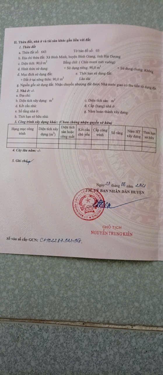 Đất nền 90m² tại Quang Tiền, Bình Giang - Sổ đỏ chính chủ, giá chỉ 2 tỷ!