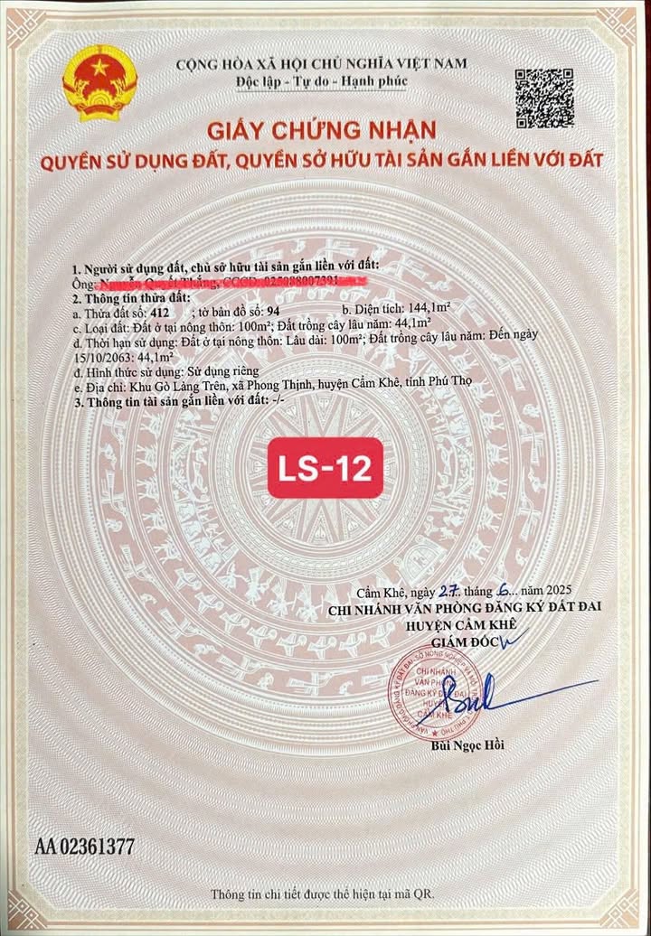 Bán lô đất 145m² tại xã Phong Thịnh, Huyện Cẩm Khê - Giá hấp dẫn chỉ từ 500 triệu!