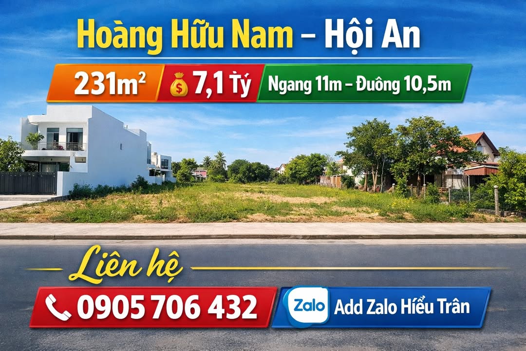 Đất nền Hoàng Hữu Nam, Hội An 231m² giá 7.1 tỷ - Cơ hội đầu tư hấp dẫn!