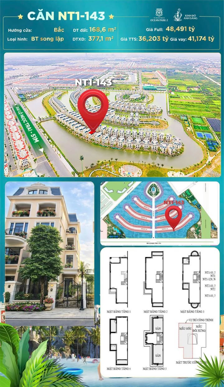 Biệt thự song lập Ngọc Trai Vinhomes Ocean Park 2, 160m² giá từ 35.531 tỷ - Đẳng cấp nghỉ dưỡng bên sông!