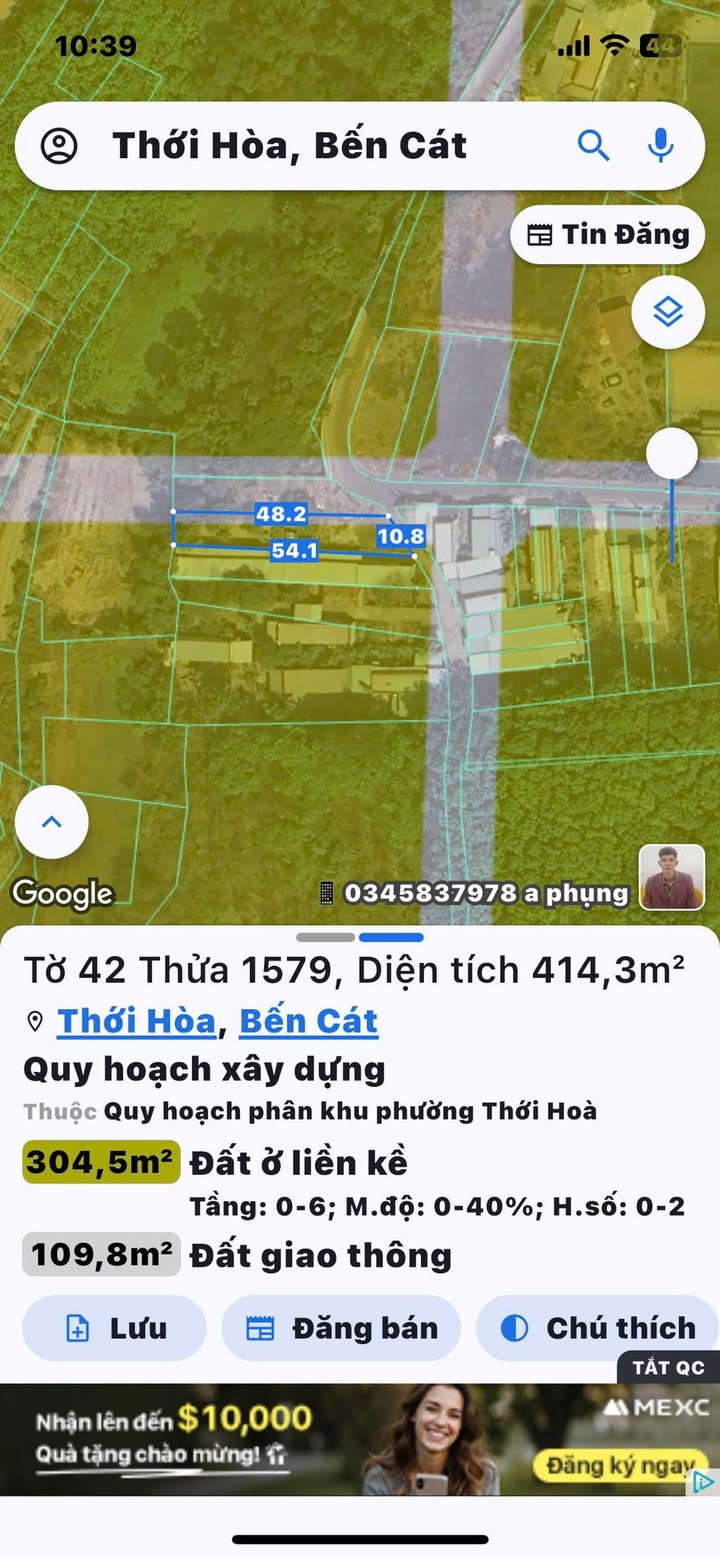 Đất thổ cư Thới Hòa, Bến Cát 414m² giá 2.85 tỷ - Sổ hồng chính chủ!