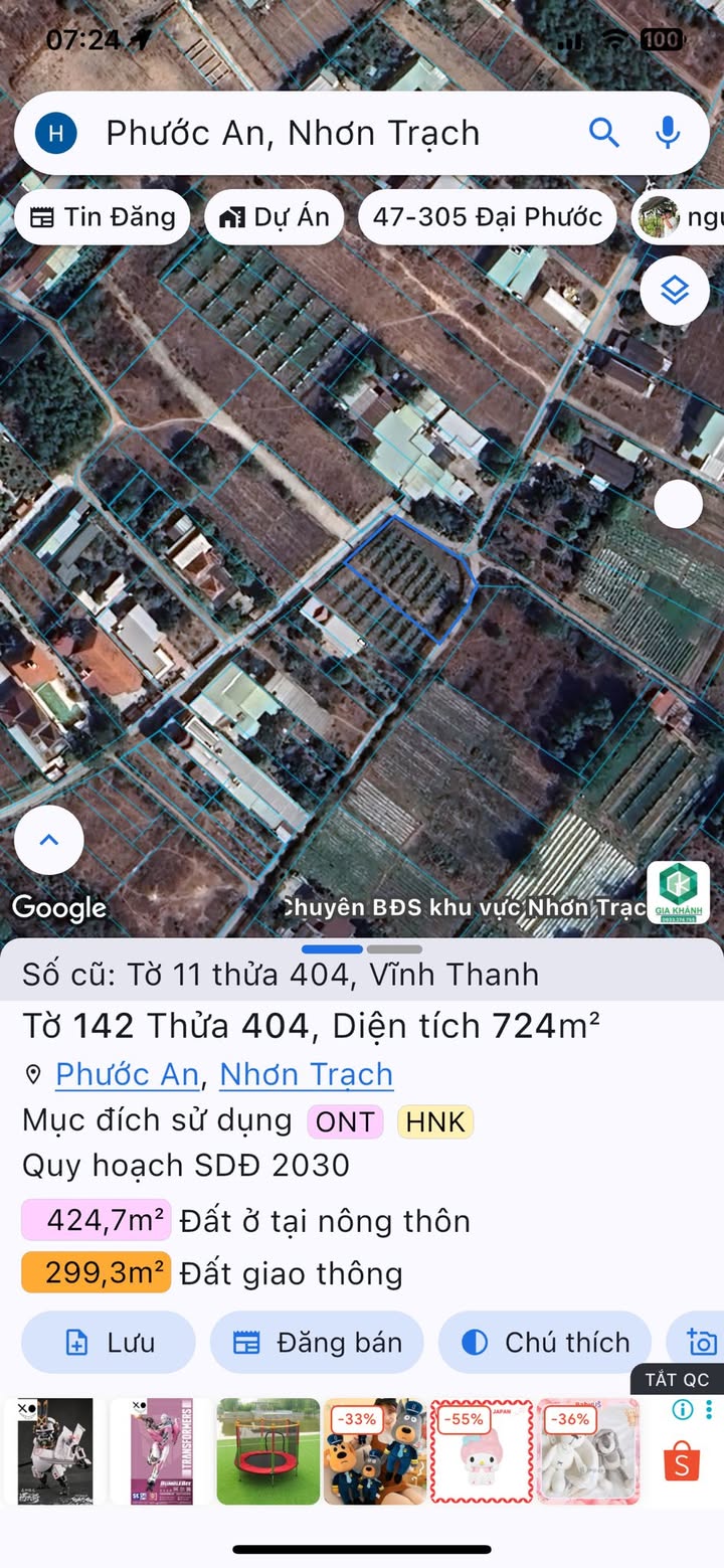 Đất nền lô góc 3 mặt tiền tại Nhơn Trạch 724m² giá 7.964 tỷ - Cơ hội đầu tư tuyệt vời!