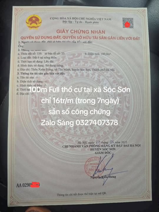 Đất nền Xuân Đồng, Sóc Sơn 100m² giá 1.6 tỷ - Sổ đỏ chính chủ