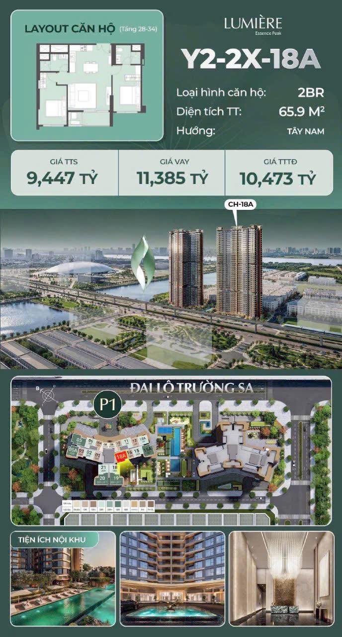Căn hộ 2PN LUMIÈRE Essence Peak Đông Anh 65.9m² giá 9.447 tỷ - Thiết kế hiện đại, tiện nghi đẳng cấp!