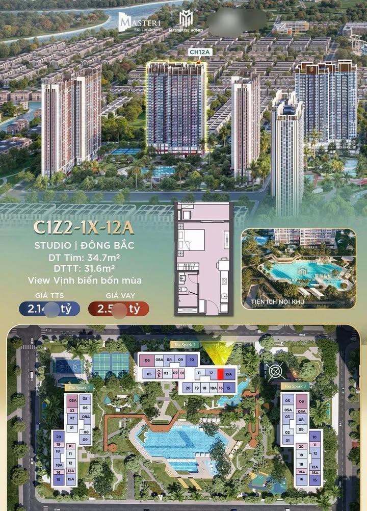 Căn hộ Studio C1Z2-1X-12A Hưng Yên 34.7m² giá 2.1 tỷ - View vịnh biển tuyệt đẹp!