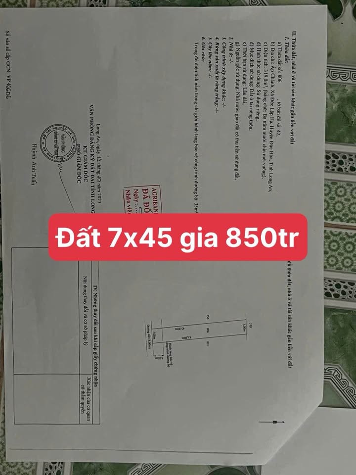 Đất thổ cư 315m² tại Đức Lập Hạ chỉ 850 triệu - Cơ hội đầu tư hấp dẫn!
