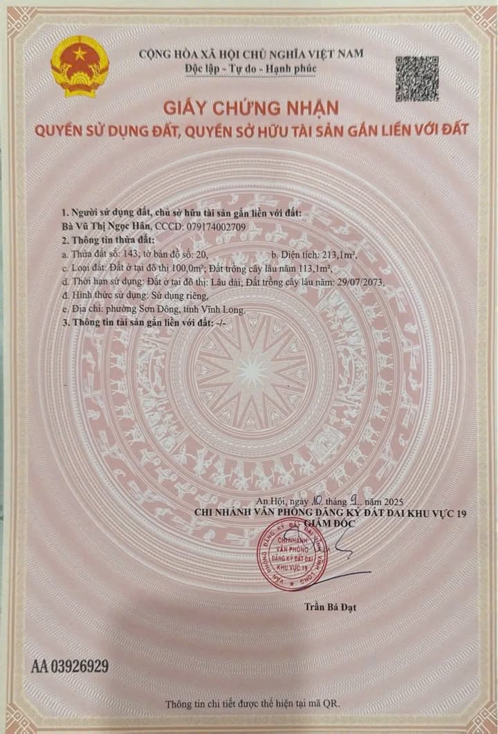 Đất nền mặt tiền Ấp 3 Sơn Đông, Bến Tre 213m² giá 1.2 tỷ - Hướng Đông Nam thuận lợi!