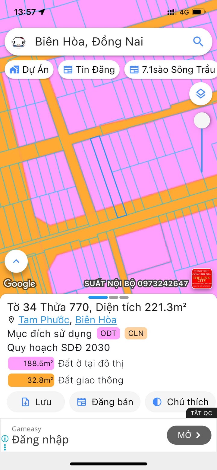 Đất thổ cư 221m² Tam Phước Biên Hòa giá 2.2 tỷ - Bán gấp, hai mặt tiền!