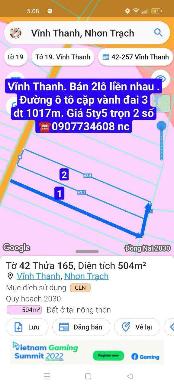 Đất nền Vĩnh Thành, Nhơn Trạch 1017m² giá 5.59 tỷ - Tiềm năng phát triển vượt bậc!