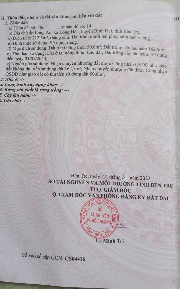 Đất nền xã Châu Hưng, Vĩnh Long 212m² giá 290 triệu - Sổ đỏ chính chủ sang tên ngay!