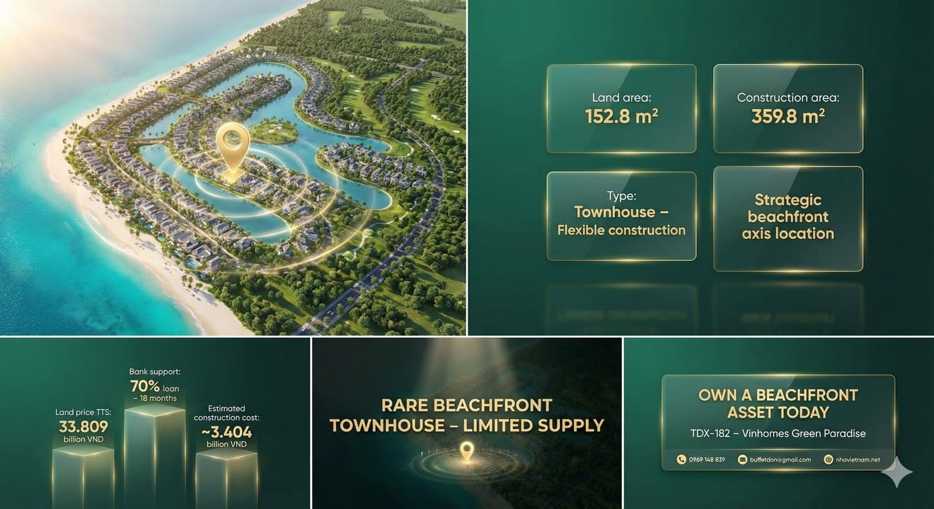 Townhouse Vinhomes Green Paradise Cần Giờ 152.8m² giá 33.8 tỷ - Hàng hiếm trục biển!