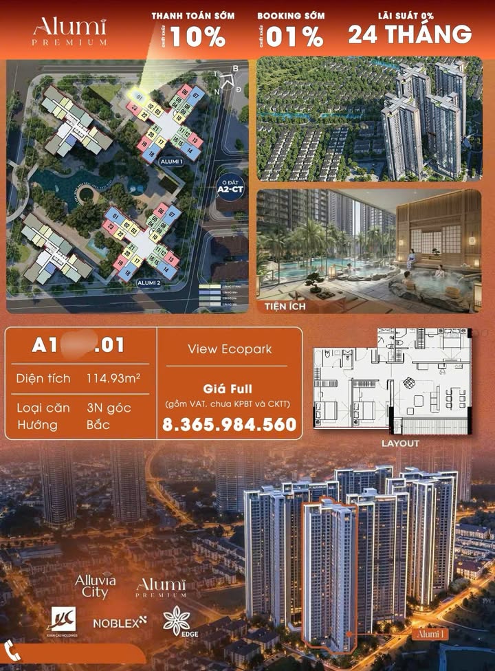 Căn hộ Alumi - Alluvia Hưng Yên 114m² giá 7.5 tỷ - View sông đẹp mê ly!