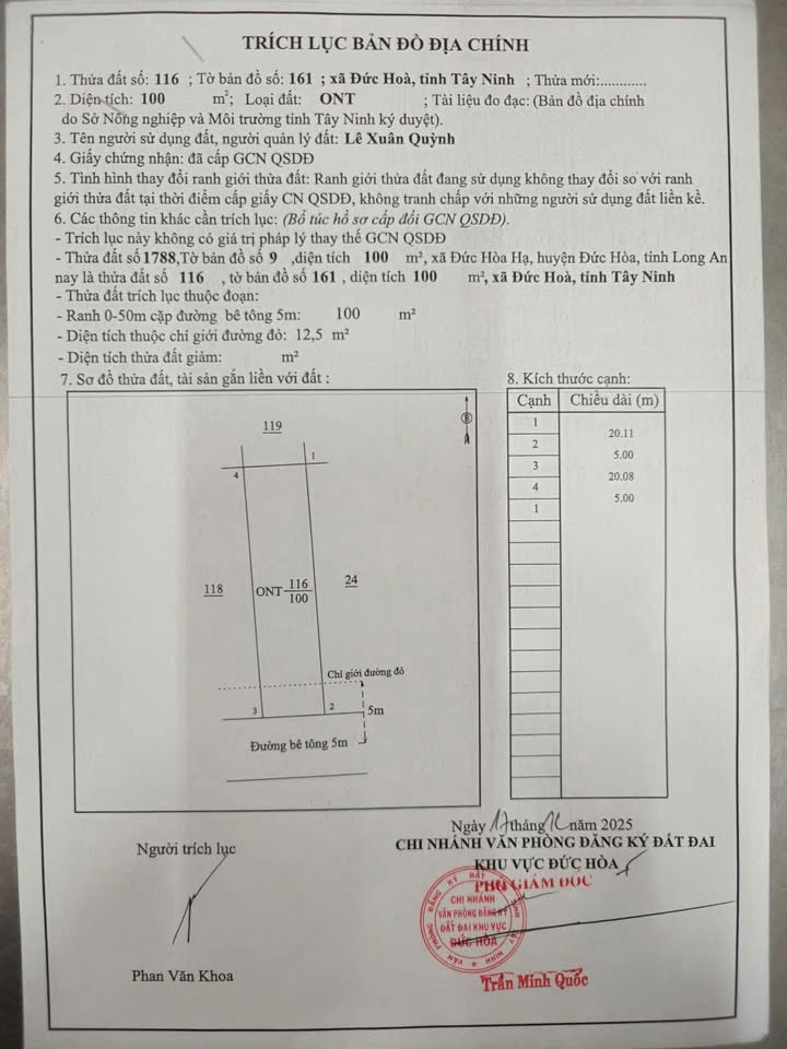 Đất thổ cư 100m² tại Ấp Tư Lửa, Đức Hòa - Giá 1.25 tỷ, sổ hồng chính chủ!