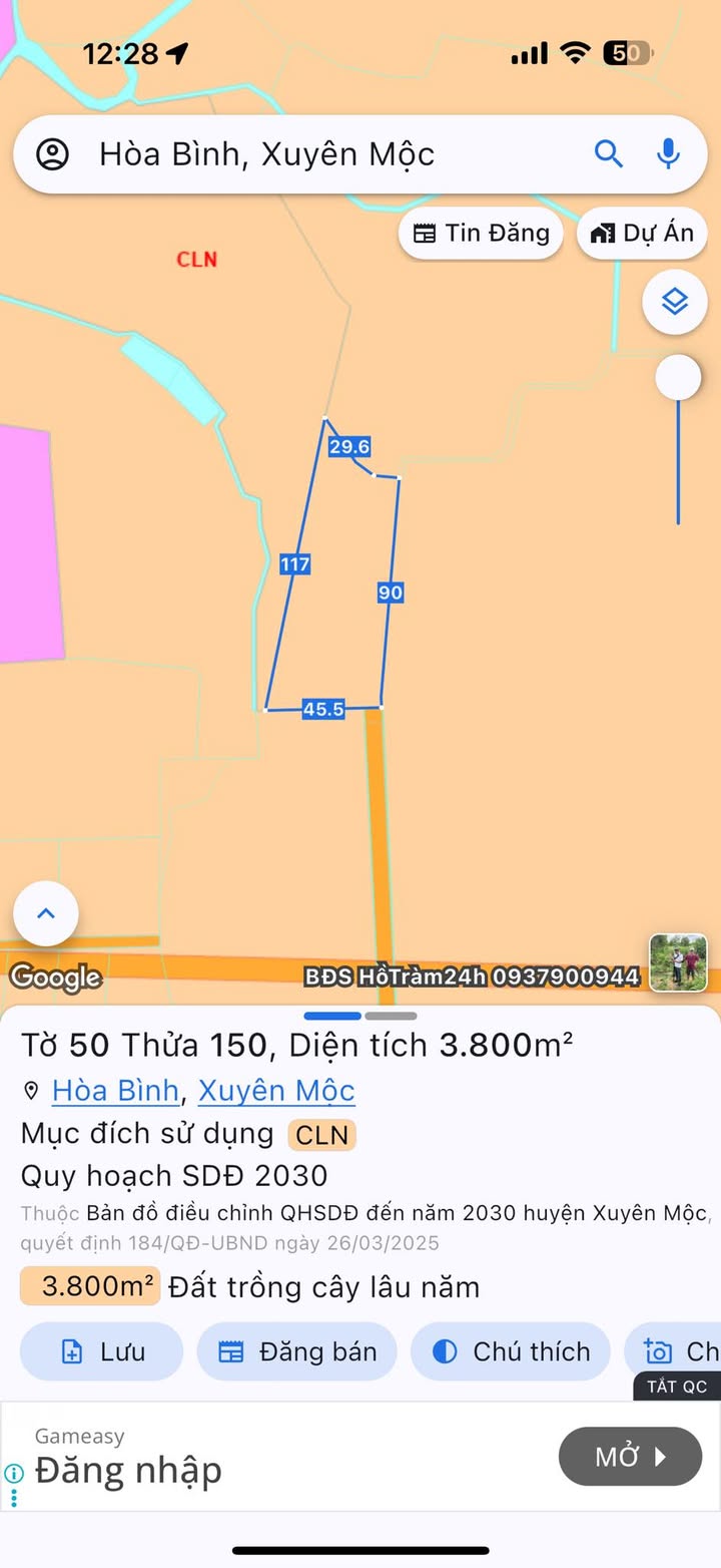 Đất nền 3.800m² đường Hòa Bình, Phú Mỹ - Giá 1.8 tỷ, còn thương lượng!