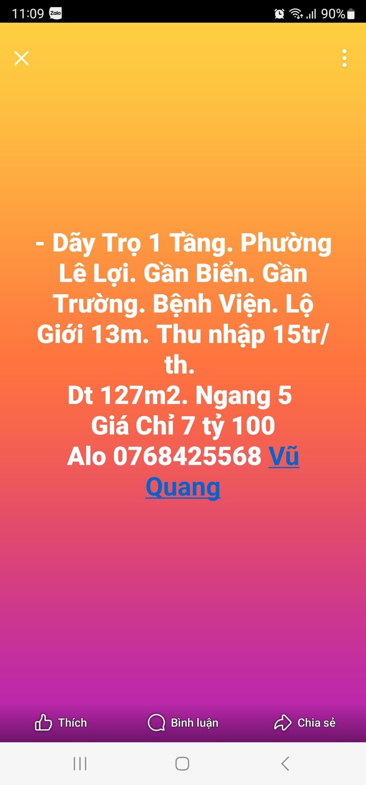 Dãy trọ 1 tầng tại Phường Lê Lợi, TP Quy Nhơn 127m² giá chỉ 7.1 tỷ - Đầu tư sinh lời hấp dẫn!