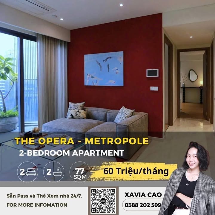 Căn hộ 2PN The Opera-Metropole Thủ Thiêm 77m² giá 60 triệu - View sông tuyệt đẹp!